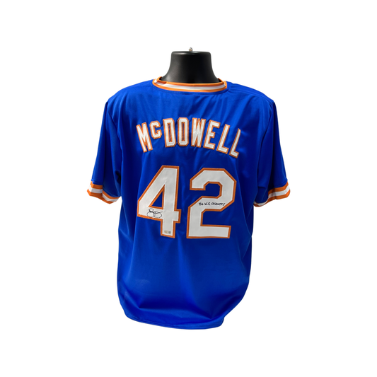 Roger McDowell Autographed New York Mets Blue Jersey "86 WS Champs" Inscription Steiner CX