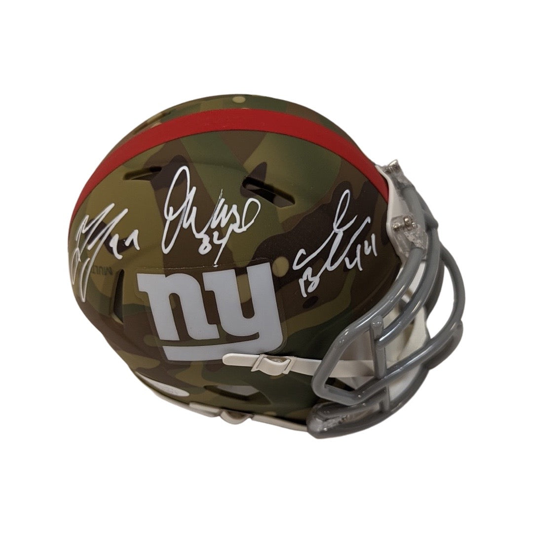 Brandon Jacobs, Ahmad Bradshaw & Derrick Ward Earth Wind & Fire Autographed New York Giants Camo Mini Helmet JSA