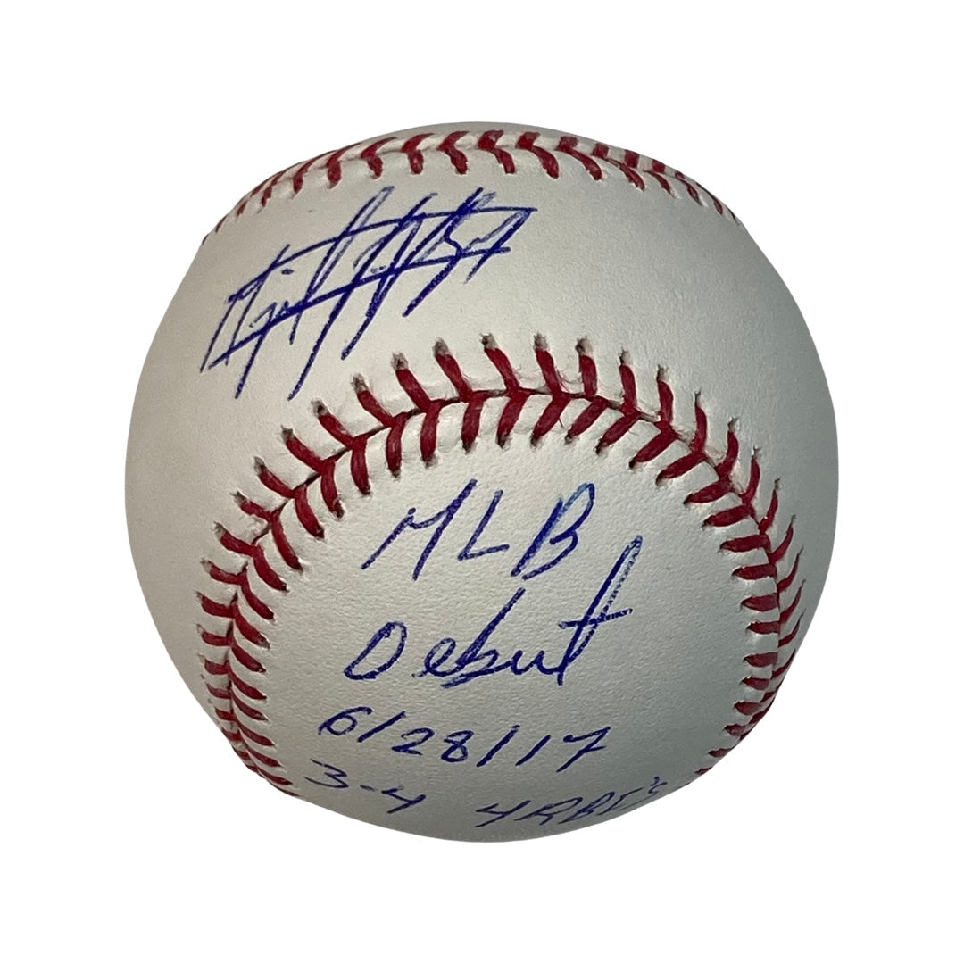 Miguel Andujar Autographed New York Yankees OMLB MLB Debut 6/28/17, 3-4, 4 RBI’s Inscription JSA