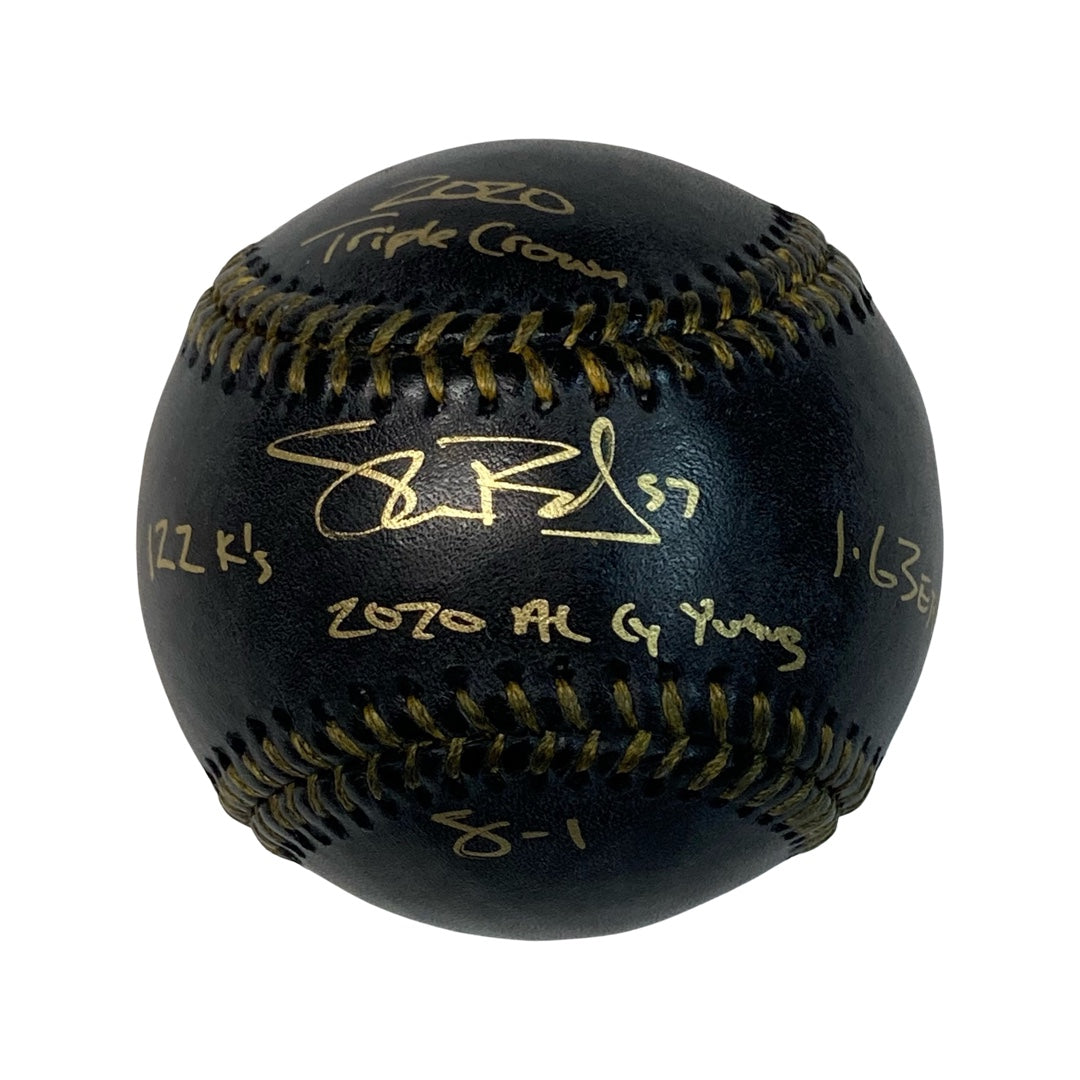 Shane Bieber Autographed Cleveland Guardians Black Leather Baseball 2020 Triple Crown, 8-1, 122 K’s, 1.63 ERA Inscriptions Beckett