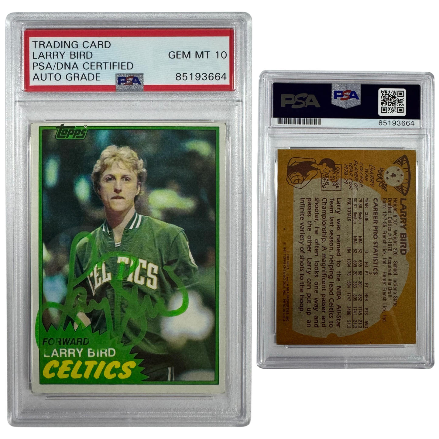 1981-82 Larry Bird Autographed Topps #4 Green Ink PSA Auto GEM MT 10