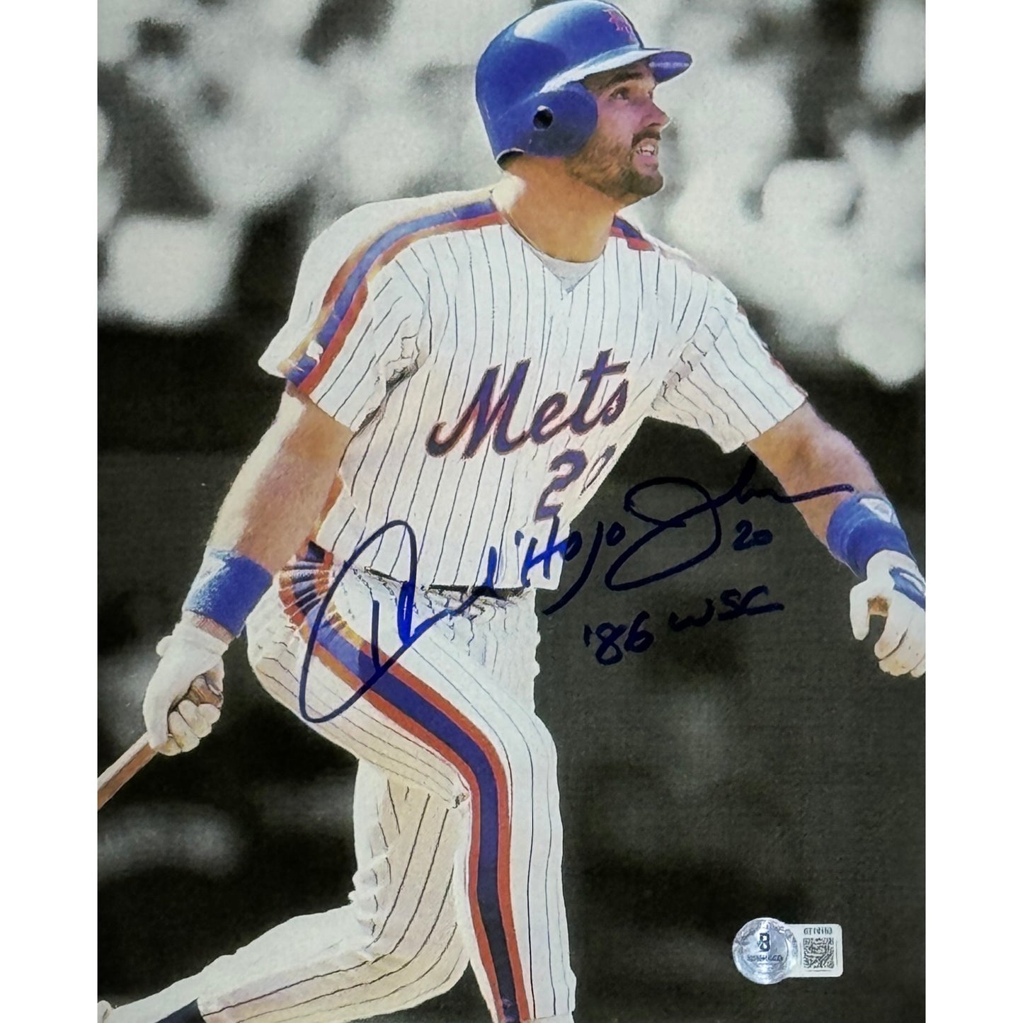 Howard Johnson New York Mets 86 WSC Inscription B&W Swing 8x10 Beckett BAS