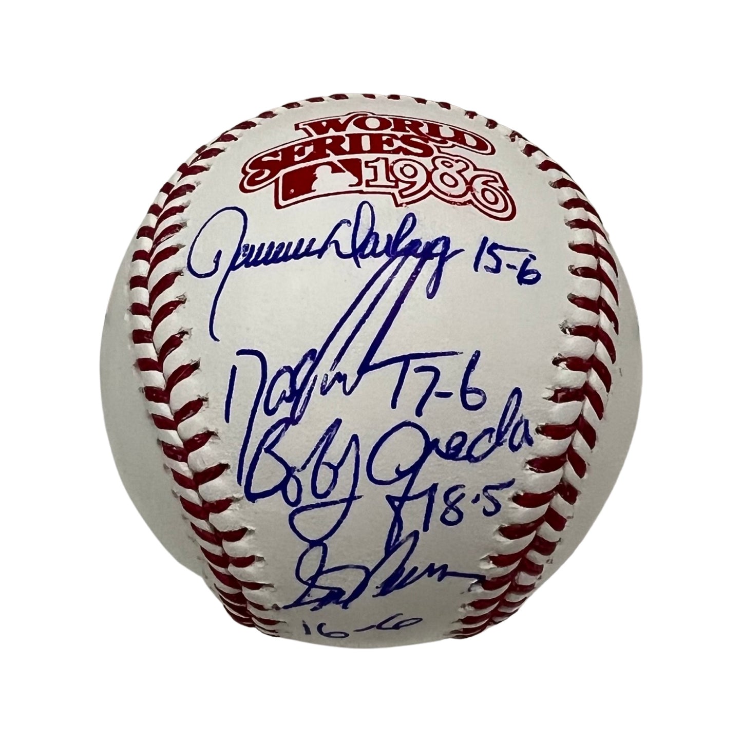 1986 Mets Starting Four Doc Gooden, Bobby Ojeda, Ron Darling & Sid Fernandez Autographed New York Mets 1986 Worlds Series Logo Baseball “15-6, 17-6, 18-5, 16-6 Records” Inscriptions JSA
