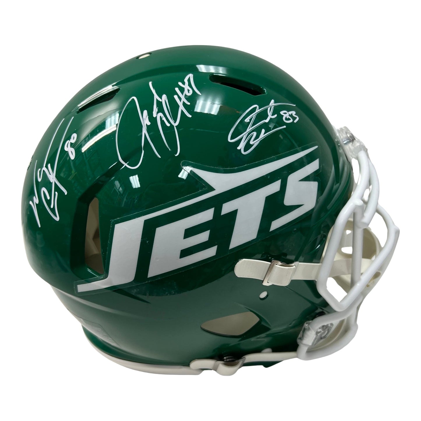 Wayne Chrebet, Laveranues Coles & Santana Moss Autographed New York Jets Old School Green Speed Authentic Helmet Steiner CX