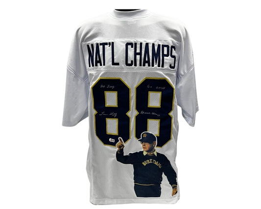 Lou Holtz Notre Dame Autographed White "Nat'l Champs #88" Art Stat Jersey Beckett