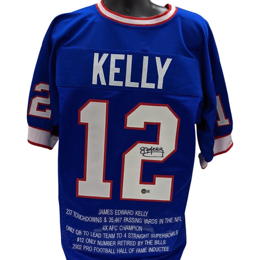 Jim Kelly Autographed Buffalo Bills Blue Stat Jersey Beckett