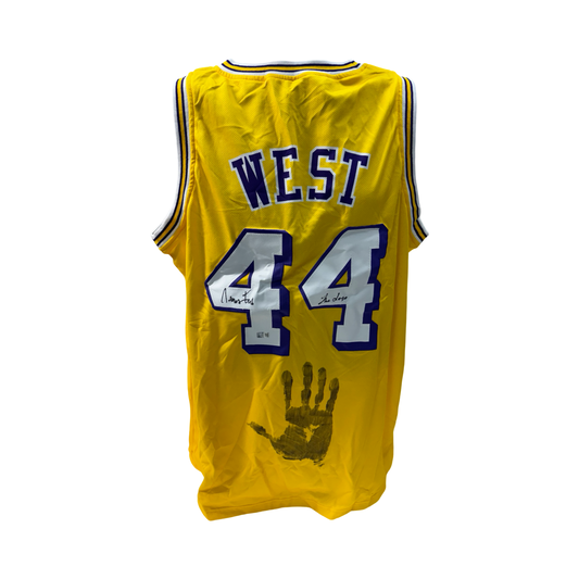 Jerry West Autographed Los Angeles Lakers Yellow Jersey w/ Handprint The Logo Inscription Steiner CX