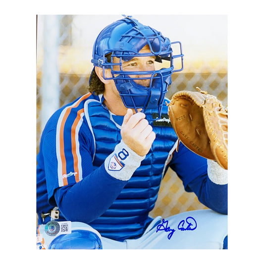 Gary Carter Autographed New York Mets Catching 8x10 Beckett - Unframed