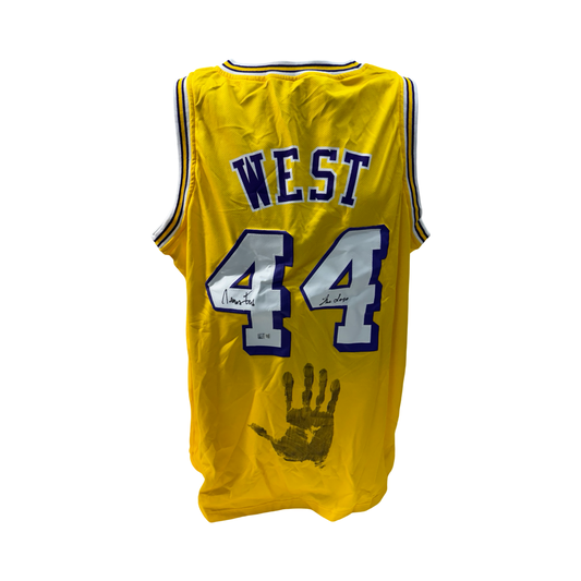 Jerry West Autographed Los Angeles Lakers Yellow Jersey w/ Handprint “The Logo” Inscription Steiner CX