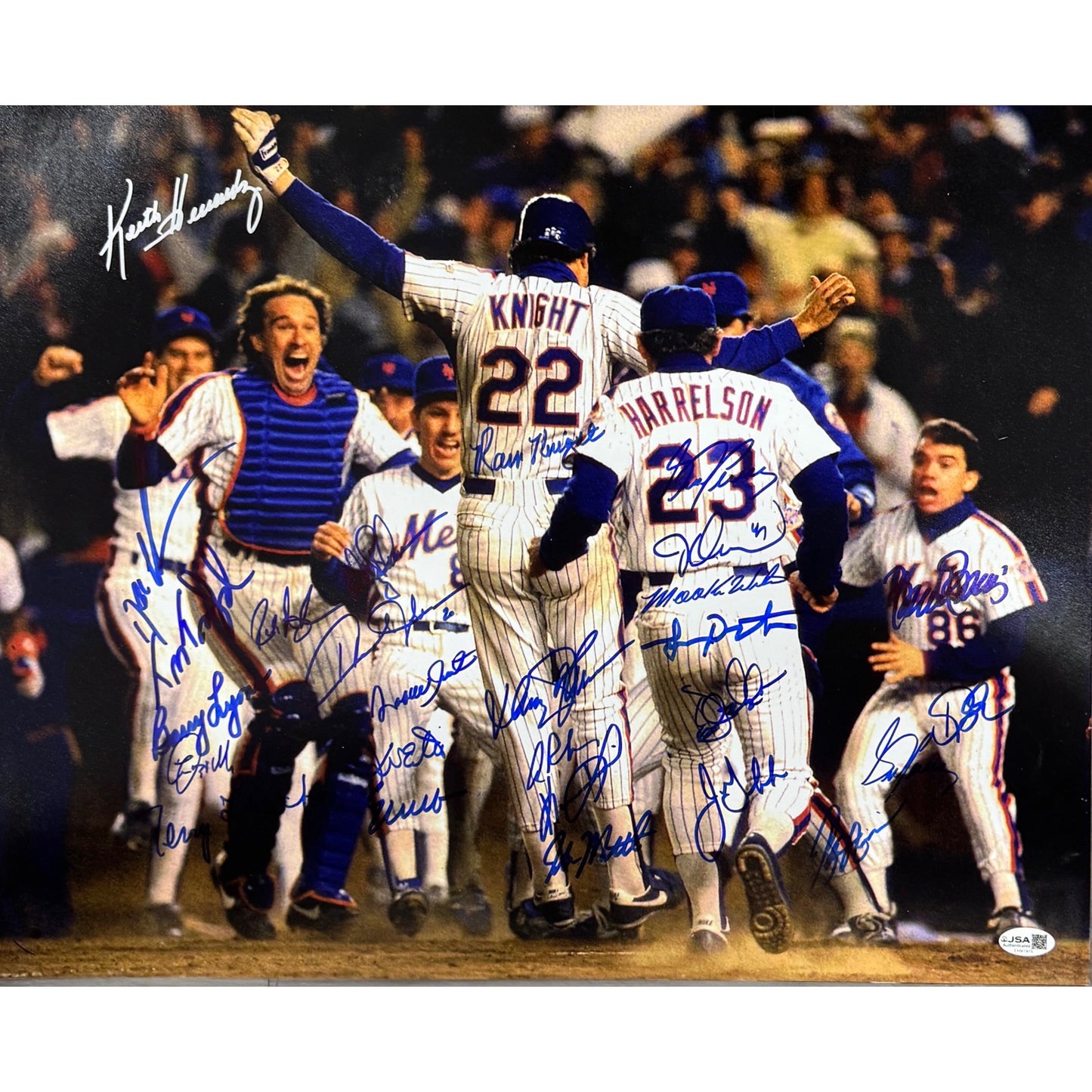 1986 New York Mets Team Autographed Ray Knight Jump Blue Ink DSX 16x20 Horizontal JSA