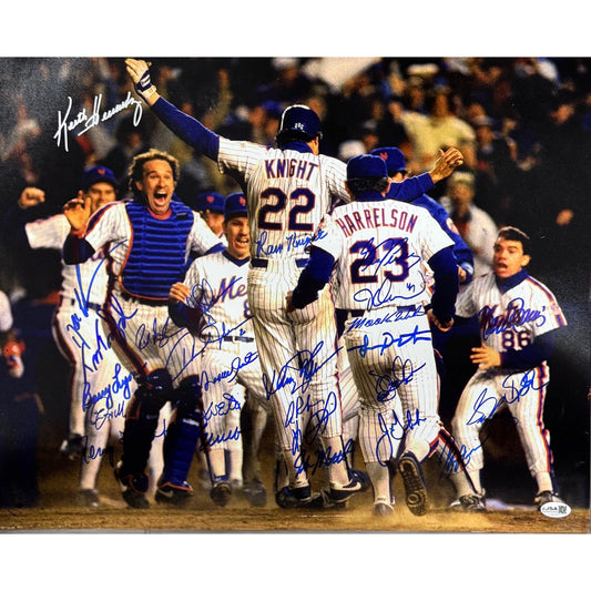 1986 New York Mets Team Autographed Ray Knight Jump Blue Ink DSX 16x20 Horizontal JSA