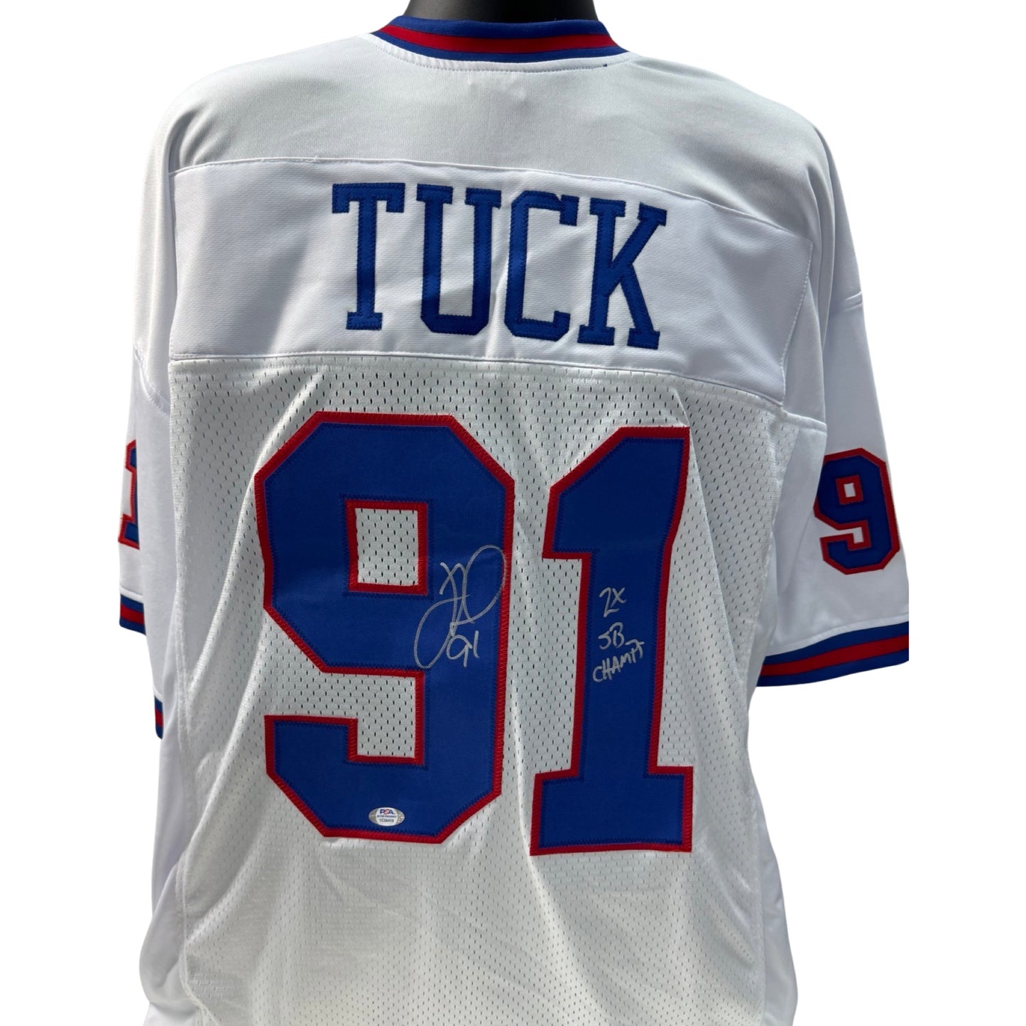 Justin Tuck Autographed New York Giants Color Rush Jersey “2x SB Champ” Inscription PSA