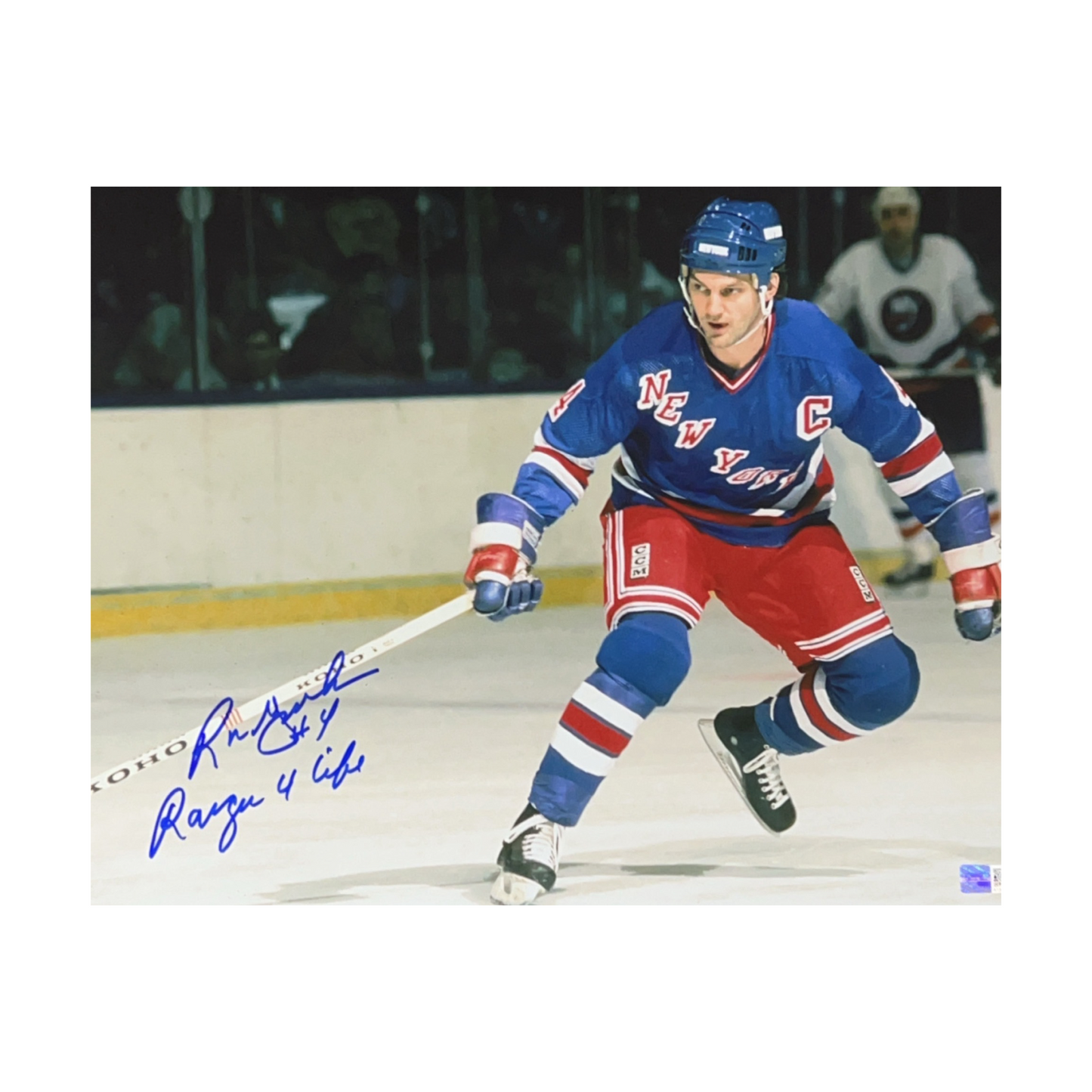 Ron Greschner Autographed New York Rangers Blue Jersey 11x14 Ranger 4 Life Inscription Steiner CX