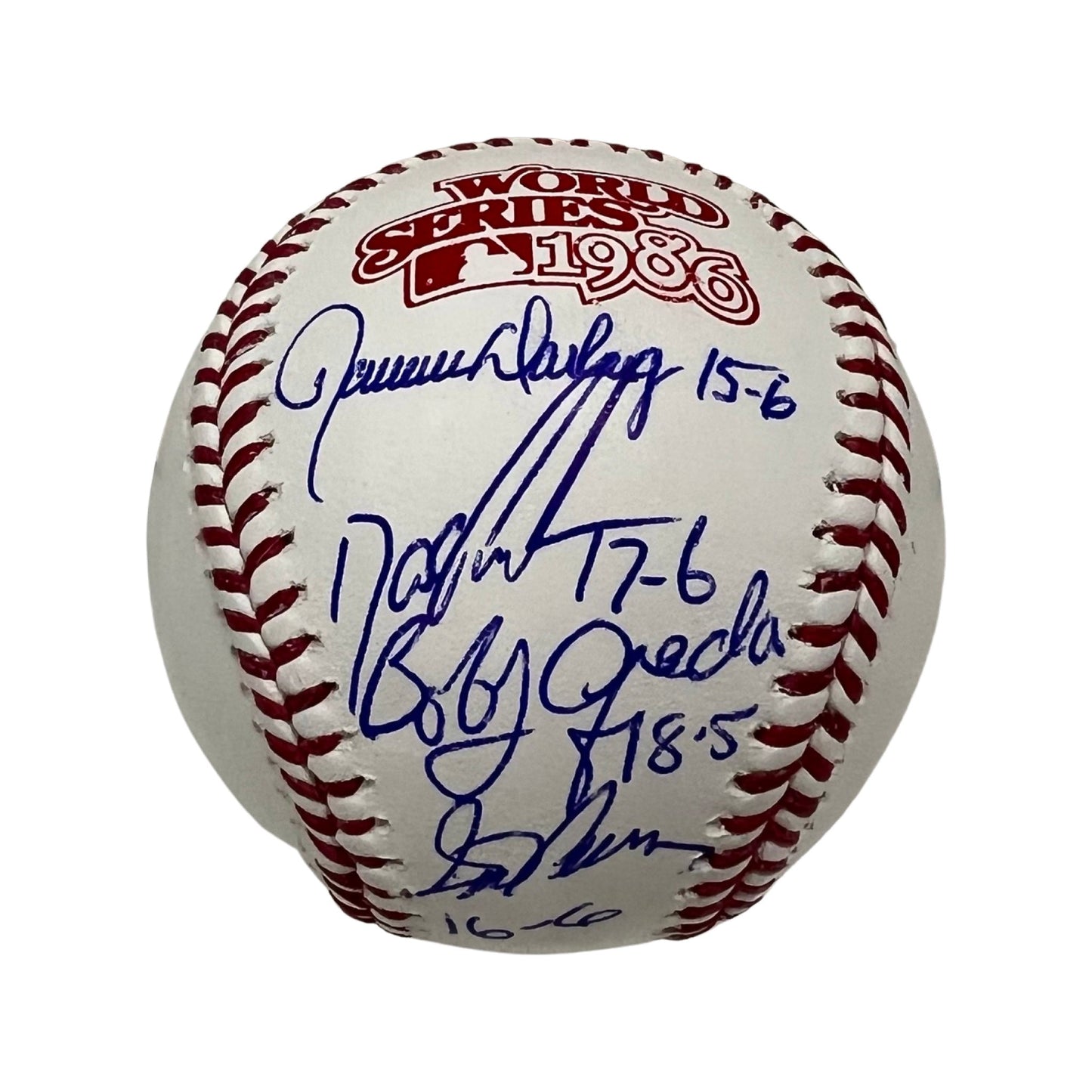 1986 Mets Starting Four Doc Gooden, Bobby Ojeda, Ron Darling & Sid Fernandez Autographed New York Mets 1986 Worlds Series Logo Baseball 15-6, 17-6, 18-5, 16-6 Records Inscriptions JSA