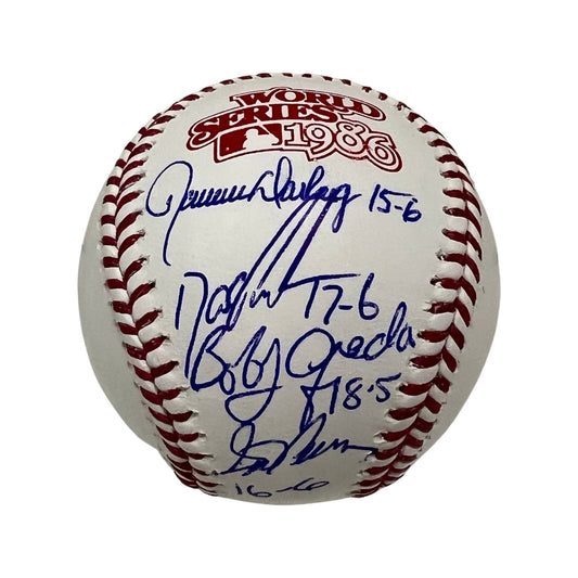 1986 Mets Starting Four Doc Gooden, Bobby Ojeda, Ron Darling & Sid Fernandez Autographed New York Mets 1986 Worlds Series Logo Baseball 15-6, 17-6, 18-5, 16-6 Records Inscriptions JSA