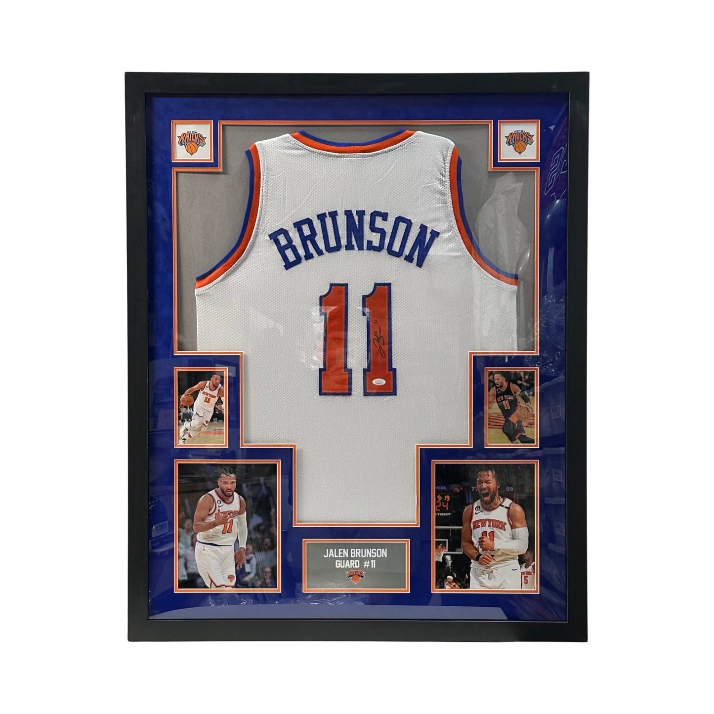 Jalen Brunson Autographed New York Knicks Framed White Jersey Blue Mat JSA