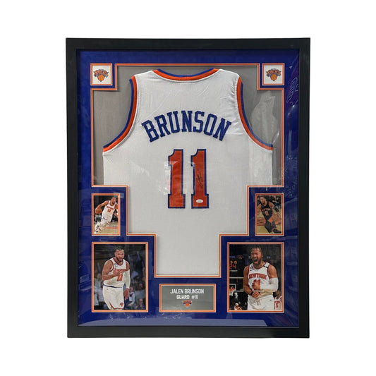 Jalen Brunson Autographed New York Knicks Framed White Jersey Blue Mat JSA