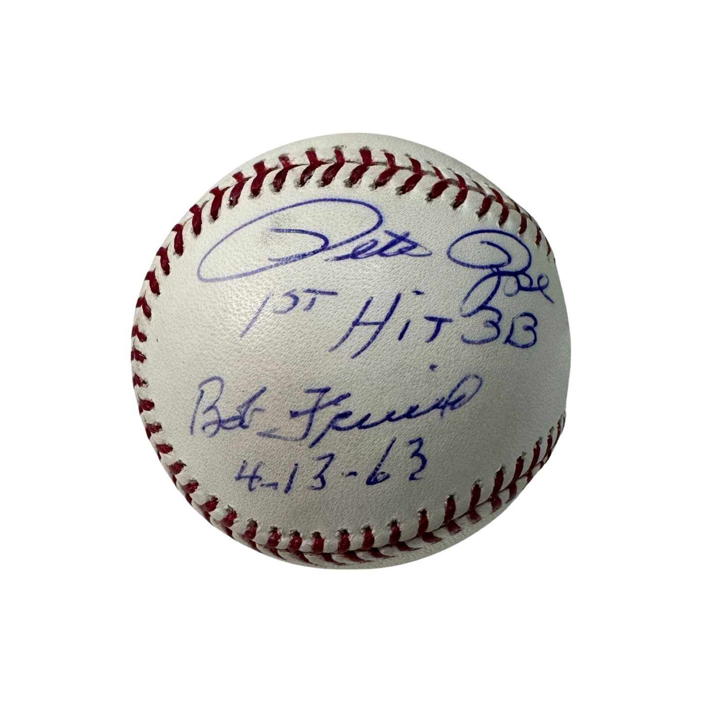 Pete Rose & Bob Friend Autographed Cincinnati Reds OMLB 1st Hit 3B, 4-13-63 Inscriptions Beckett