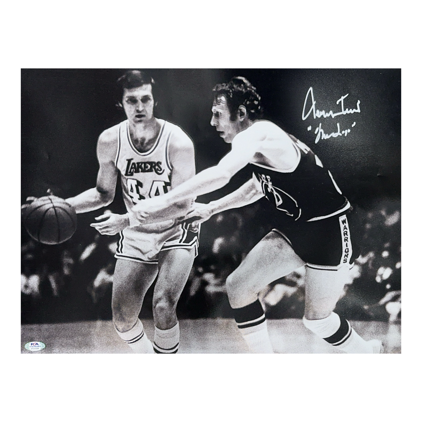 Jerry West Autographed Los Angeles Lakers B&W Horizontal 16x20 The Logo Inscription PSA