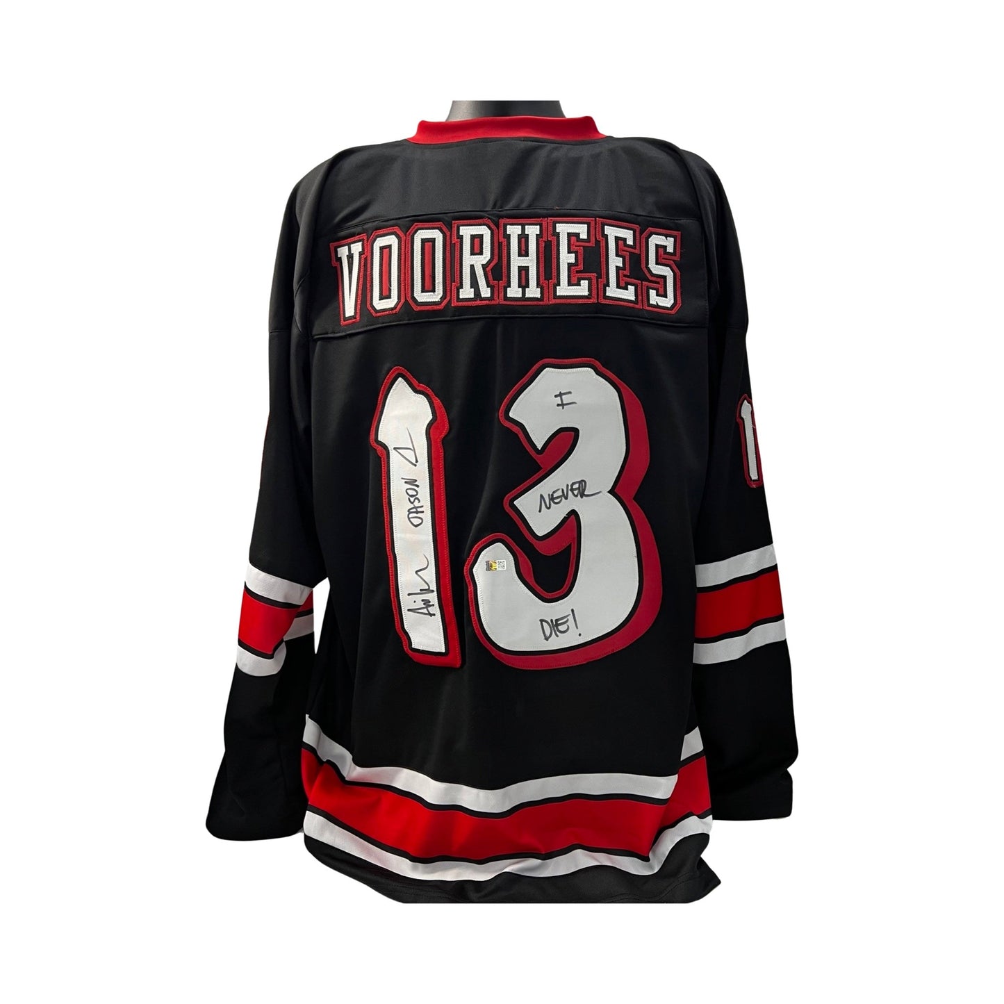 Ari Lehman Autographed Jason Voorhees Friday the 13th Black Jersey I Never Die!, Jason 1 Inscriptions Steiner CX