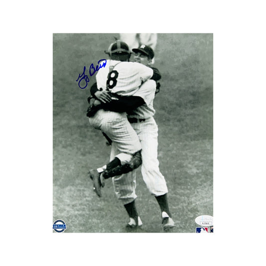 Yogi Berra Autographed New York Yankees B&W Jumping Into Larsen 8x10 JSA