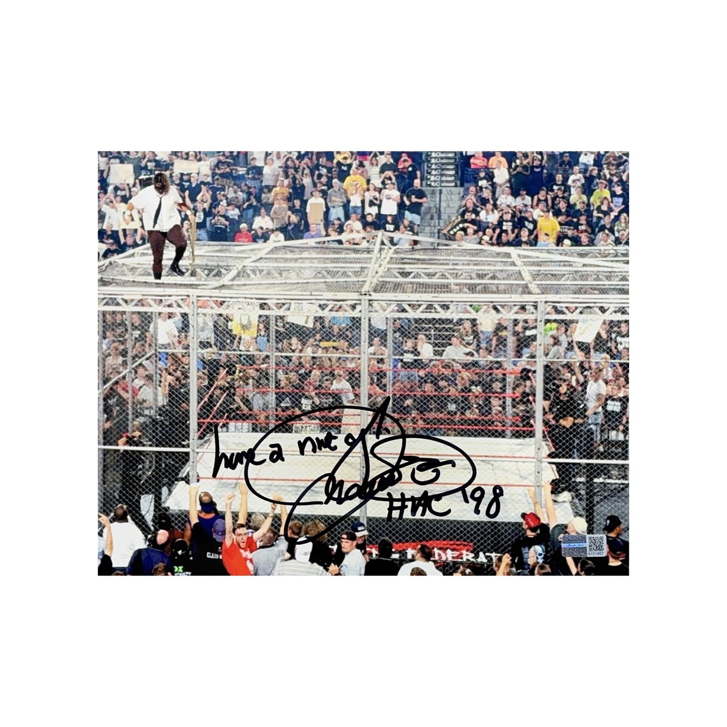 Mick Foley Autographed WWE Hell in the Cell Zoomed Out 8x10 HITC 98, Have a Nice Day Inscriptions Steiner CX