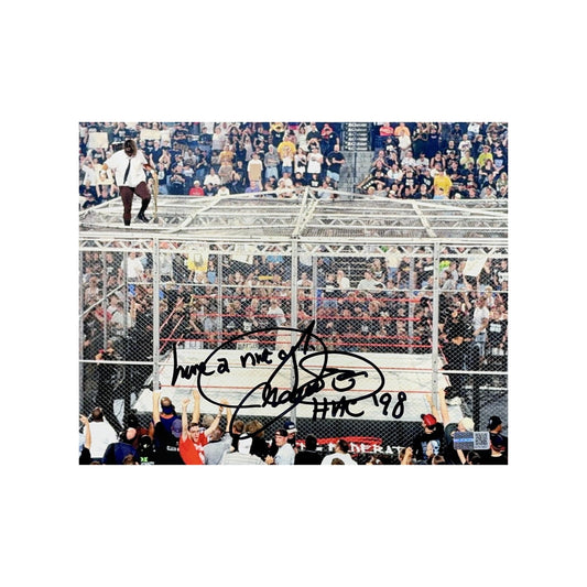 Mick Foley Autographed WWE Hell in the Cell Zoomed Out 8x10 HITC 98, Have a Nice Day Inscriptions Steiner CX