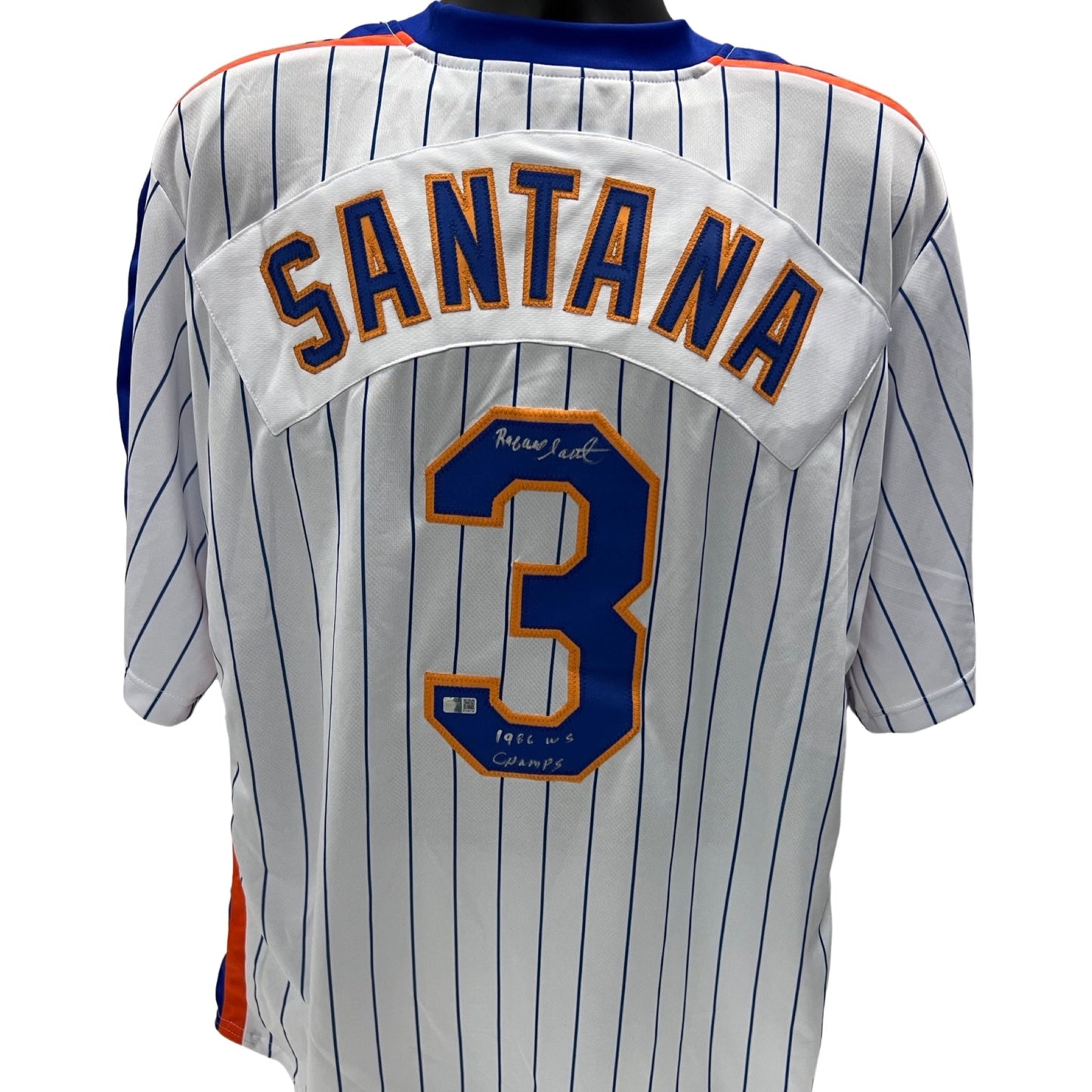 Rafael Santana Autographed New York Mets Pinstripe Jersey 1986 WS Champs Inscription Steiner CX