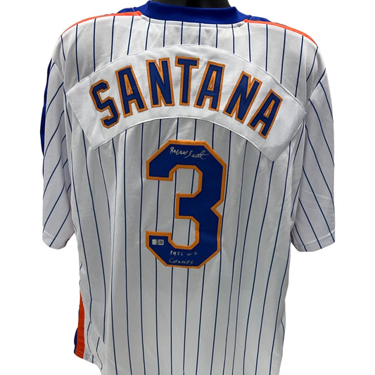 Rafael Santana Autographed New York Mets Pinstripe Jersey 1986 WS Champs Inscription Steiner CX