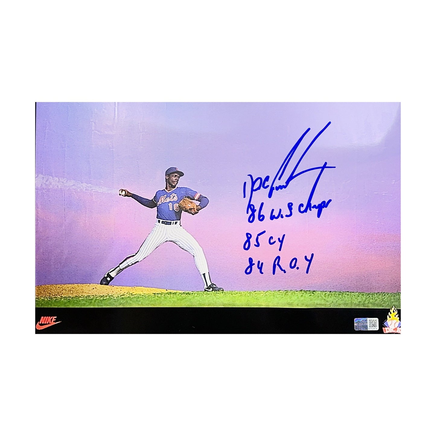 Doc Gooden Autographed New York Mets Nike Dr K Card 8x12.5 Photo 84 ROY, 85 Cy, 86 WS Champs Inscriptions Steiner CX - Framed