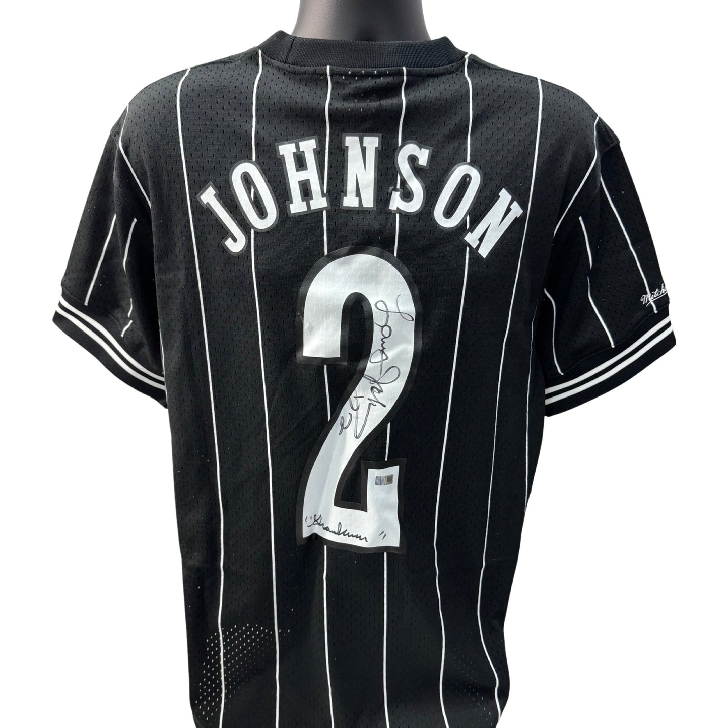 Larry Johnson Autographed Charlotte Hornets Black Sleeved Mitchell & Ness Jersey Grandmama Inscription Steiner CX