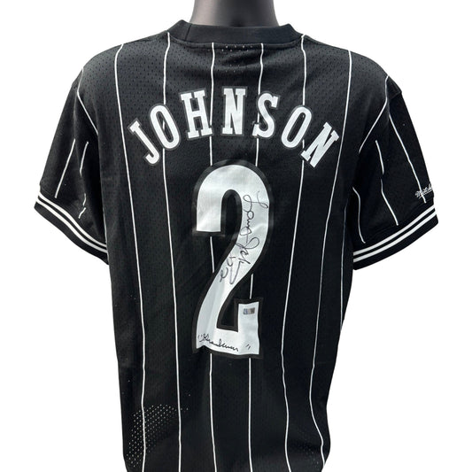 Larry Johnson Autographed Charlotte Hornets Black Sleeved Mitchell & Ness Jersey Grandmama Inscription Steiner CX