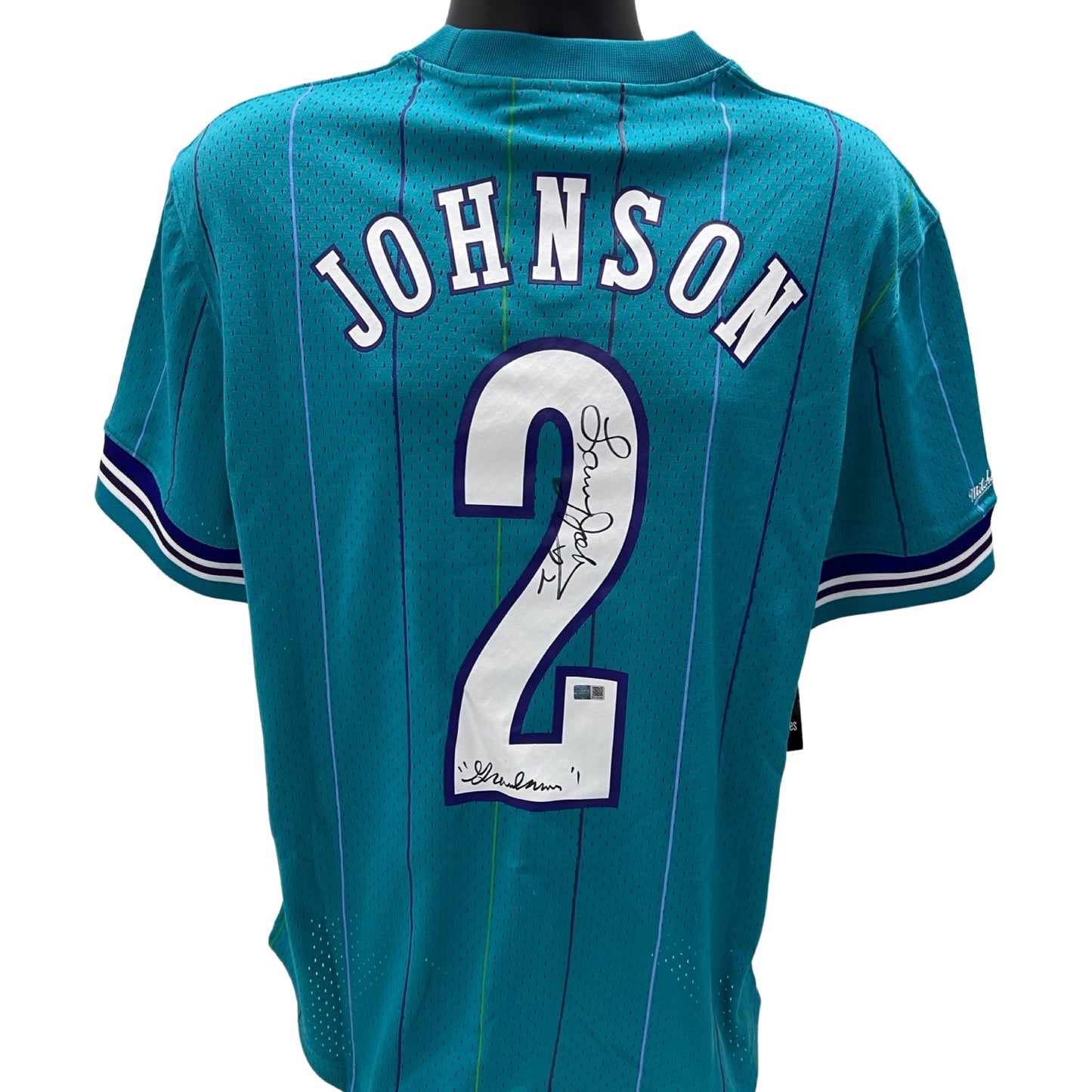 Larry Johnson Autographed Charlotte Hornets Teal Crewneck Mitchell & Ness Swingman Jersey Grandmama Inscription Steiner CX