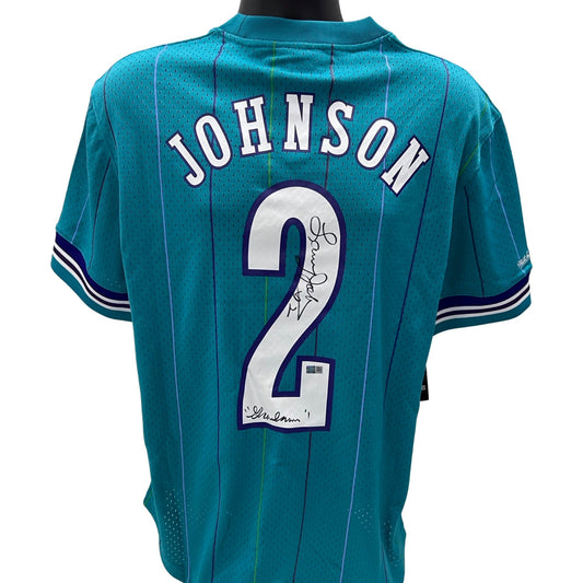Larry Johnson Autographed Charlotte Hornets Teal Crewneck Mitchell & Ness Swingman Jersey Grandmama Inscription Steiner CX
