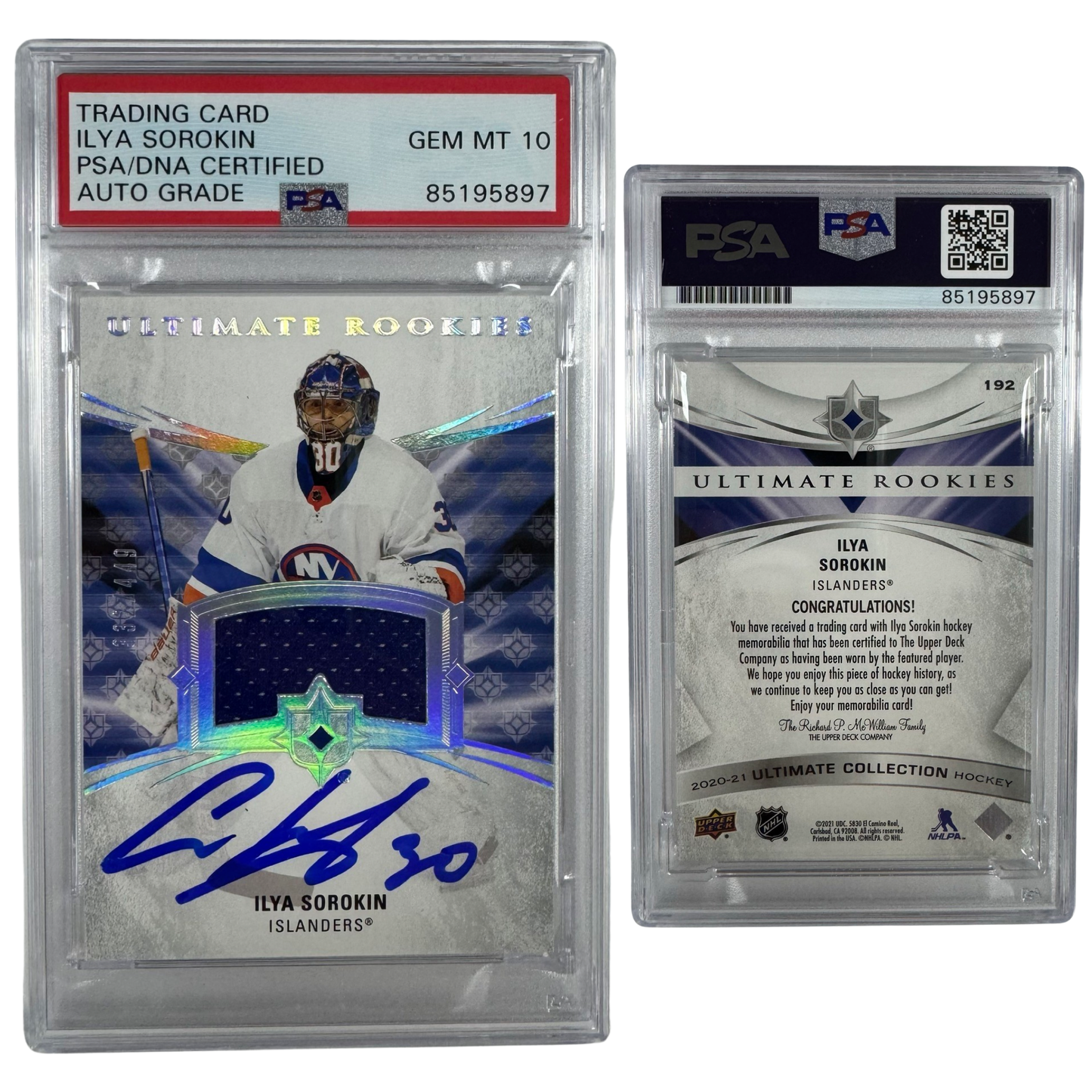 2020-21 Ilya Sorokin Autographed Upper Deck Ultimate Collection Rookies Jersey Patch Relic /449 #192 PSA Auto GEM MT 10
