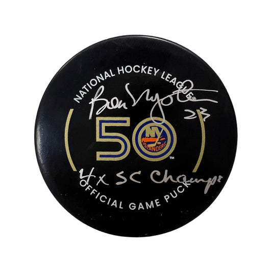 Bob Nystrom Autographed New York Islanders Official Game Puck 4x SC Champs Inscription Steiner CX