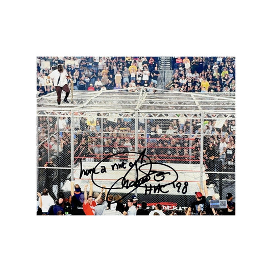 Mick Foley Autographed WWE Hell in the Cell Zoomed Out 8x10 “HITC 98, Have a Nice Day” Inscriptions Steiner CX