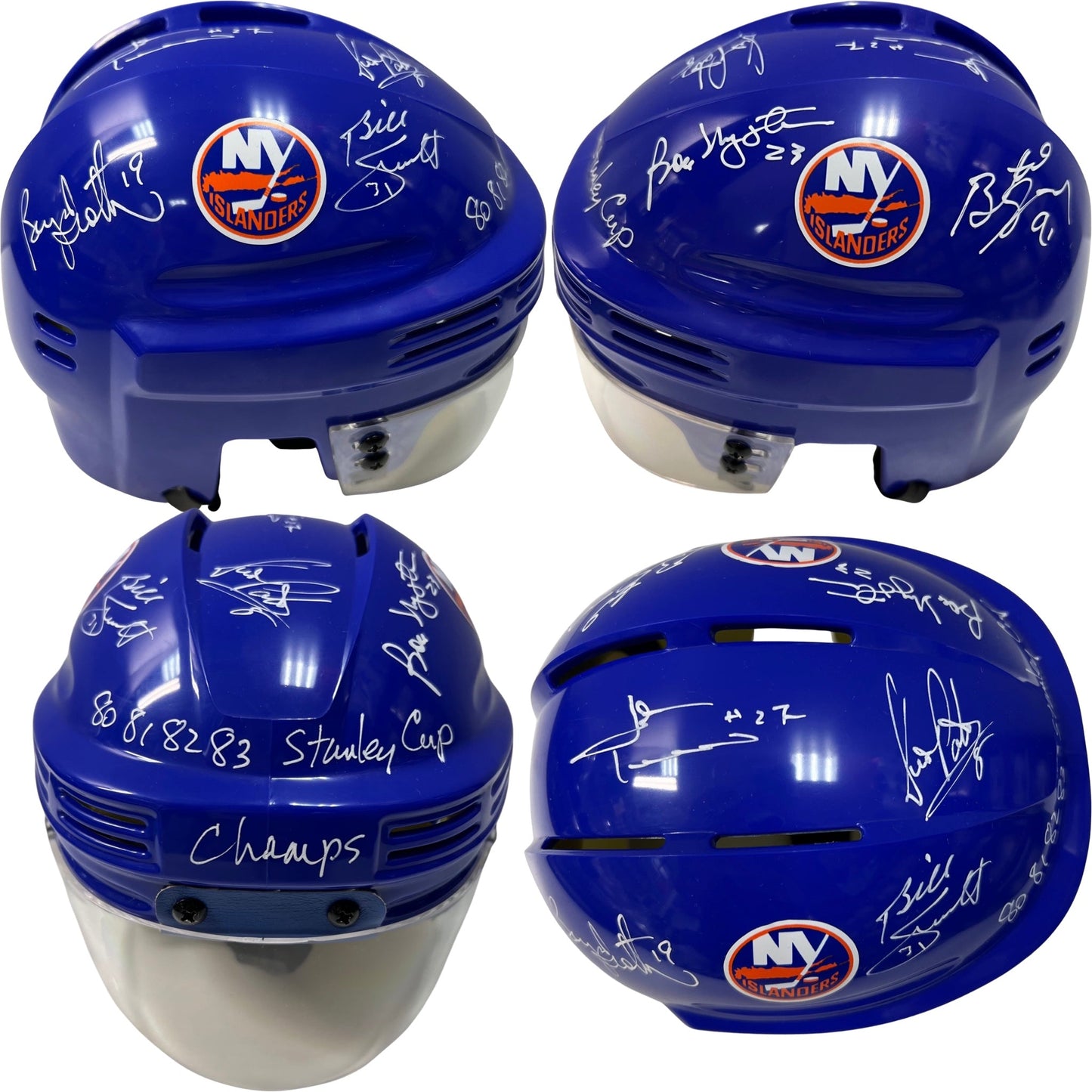 Billy Smith, Bryan Trottier, Denis Potvin, Bob Nystrom, Butch Goring & John Tonelli Autographed New York Islanders Blue Mini Helmet 80, 81, 82, 83 SC Champs Inscription Steiner CX