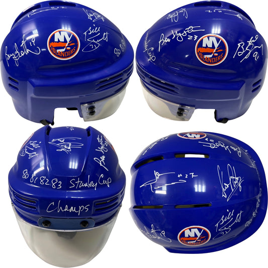 Billy Smith, Bryan Trottier, Denis Potvin, Bob Nystrom, Butch Goring & John Tonelli Autographed New York Islanders Blue Mini Helmet 80, 81, 82, 83 SC Champs Inscription Steiner CX