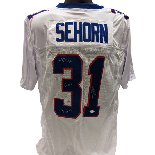 Jason Sehorn Autographed New York Giants White/Blue Jersey 458 Tckls, 5 TDs, 19 INTs Inscriptions JSA