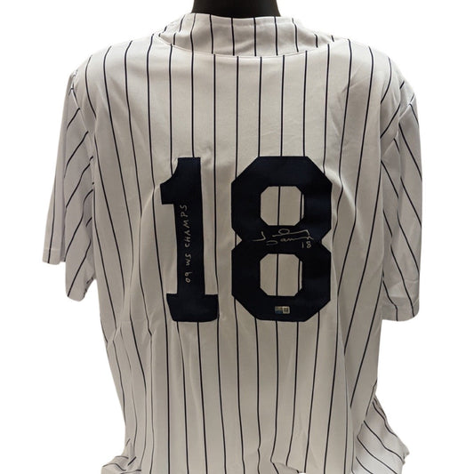 Johnny Damon Autographed New York Yankees Pinstripe Jersey 09 WS Champs Inscription Steiner CX