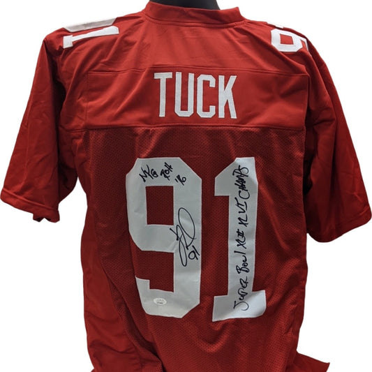 Justin Tuck Autographed New York Giants Red Jersey NYG ROH 16, Super Bowl XLII, XLVI Champs Inscriptions JSA