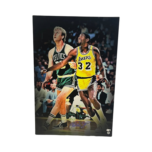 Larry Bird & Magic Johnson Autographed Tie Up 20x30 Canvas Beckett & Larry Bird COA