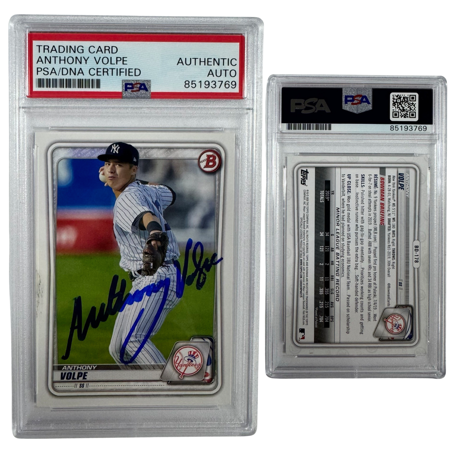 2020 Anthony Volpe Autographed Bowman #BD-178 PSA Auto Authentic