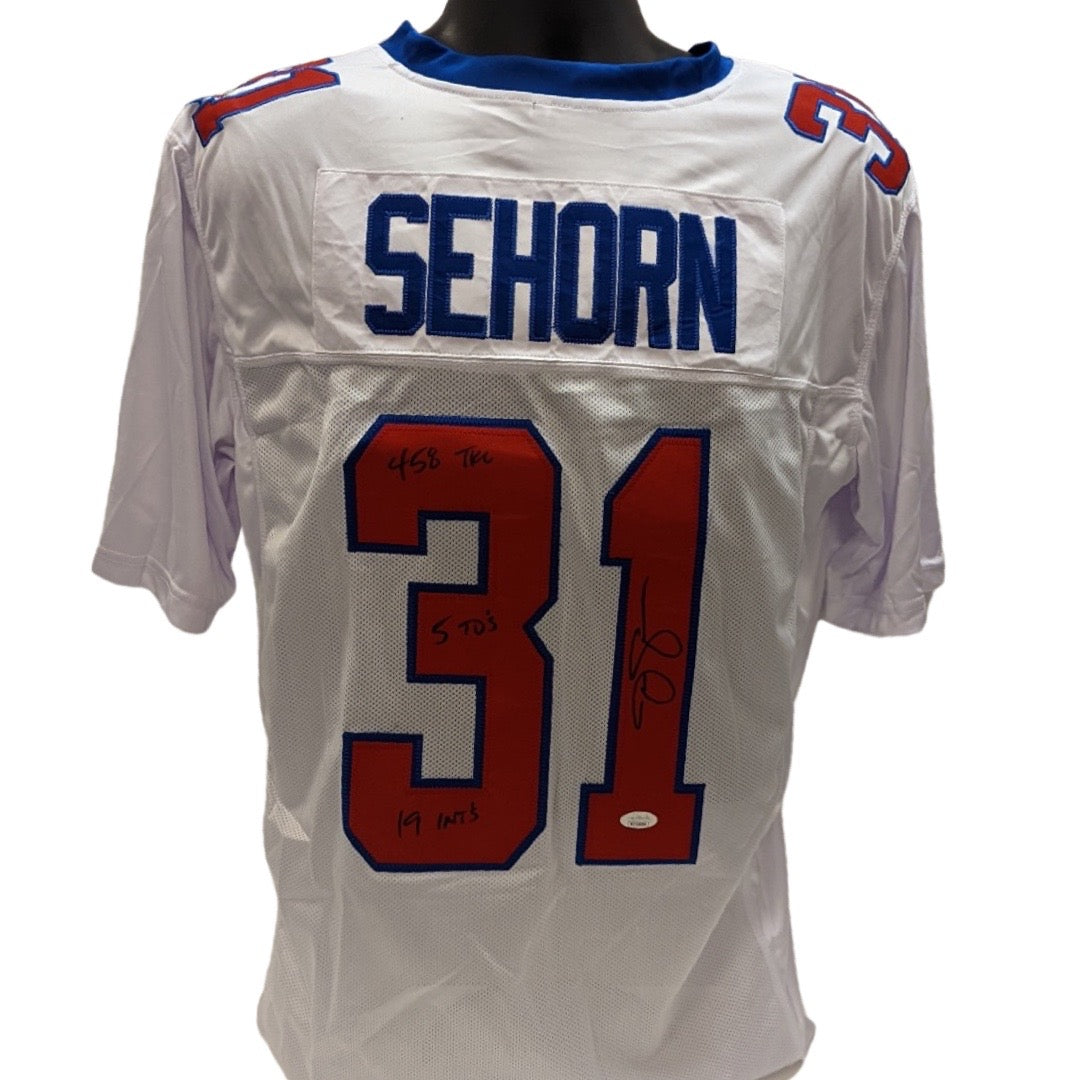Jason Sehorn Autographed New York Giants White/Red Jersey “458 Tckls, 5 TDs, 19 Ints” Inscriptions JSA