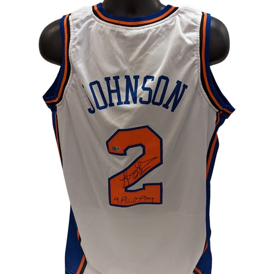 Larry Johnson Autographed New York Knicks White Jersey 4 Pt Play Inscription Steiner Cx