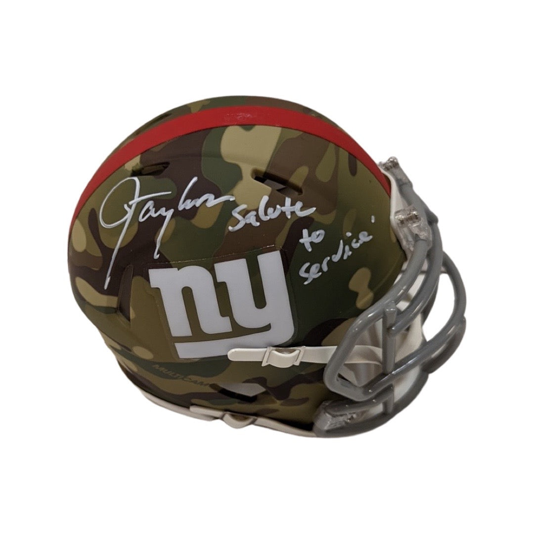 Lawrence Taylor Autographed New York Giants Camo Mini Helmet Salute to Service Inscription JSA