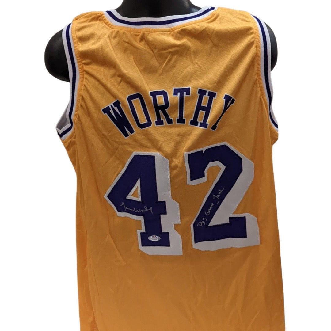 James Worthy Autographed Los Angeles Lakers Yellow Jersey Big Game James Inscription PSA
