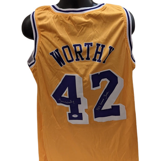 James Worthy Autographed Los Angeles Lakers Yellow Jersey Big Game James Inscription PSA