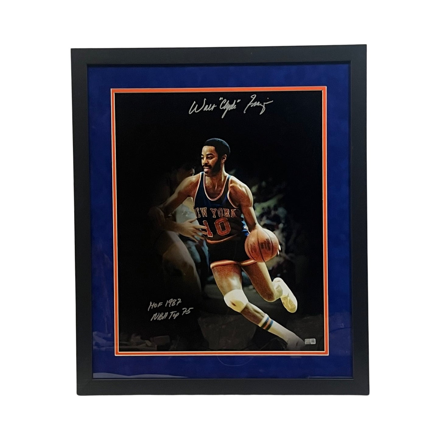 Walt “Clyde” Frazier Autographed New York Knicks Framed 16x20 “HOF 1987, NBA Top 75” Inscriptions Steiner CX